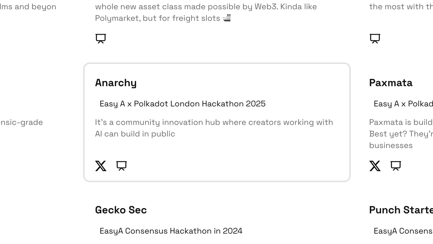 Screenshot of the Polkadot Builders site listing Anarchy as an Easy A x Polkadot London Hackathon 2025 project